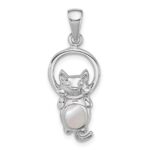 Sterling Silver Rhodium-plated Polished Mother of Pearl Cat Hanging on Ring Pendant