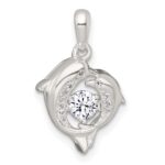 Sterling Silver Polished Vibrant Moving CZ 2-Dolphin Pendant