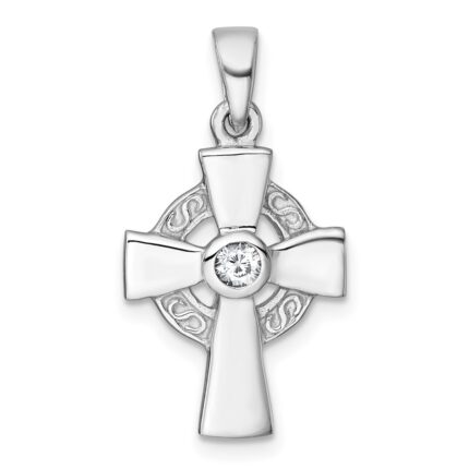 Sterling Silver Rhodium-plated Polished CZ Center Celtic Cross Pendant