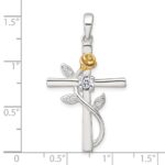 Sterling Silver E-Coat Polished Cross with CZ and Gold-tone Rose Pendant - Image 4