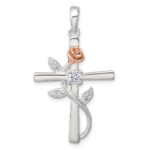 Sterling Silver E-Coat Polished Cross with CZ and Rose-tone Rose Pendant