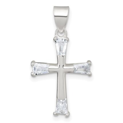 Sterling Silver Polished Tapered Baguette CZ Cross Pendant