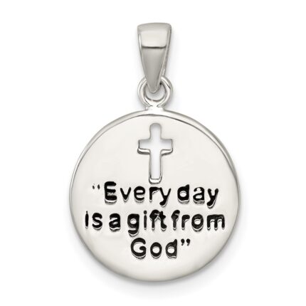 Sterling Silver Polished Black Enamel EVERY DAY IS A GIFT FROM GOD Cut Out Cross Disc Pendant