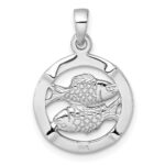 Sterling Silver Rhodium-plated Polished Reversible Pisces Fish in Circle Zodiac Pendant - Image 3