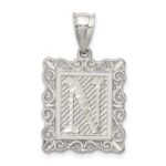 Sterling Silver Square Diamond-cut Letter N Initial Pendant