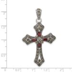 Sterling Silver Antiqued Red Marquise CZ Marcasite Cross Pendant - Image 3