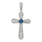 Sterling Silver Rhodium-plated Blue CZ Center & CZ Passion Cross Pendant