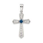 Sterling Silver Rhodium-plated Blue CZ Center & CZ Passion Cross Pendant - Image 4