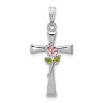Sterling Silver Platinum-plated Cross with Epoxy Rose Center Pendant