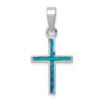 Sterling Silver Rhod-plated Blue Inlay Created Opal Thin Cross Pendant