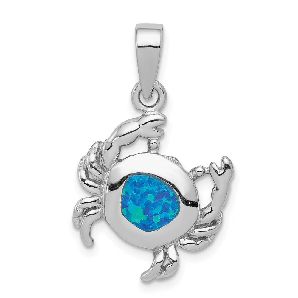 QC7685.jpg Sterling Silver Rhodium-plated Blue Inlay Created Opal Crab Pendant - Image 1
