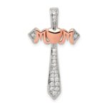 Sterling Silver Polished Rhodium & Rose Gold-plated Mom CZ Cross Pendant