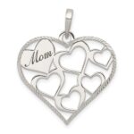 Sterling Silver Polished & Textured 'Mom' Engraved Heart Pendant