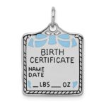 SS Rh-plt Blue Birth Certificate Polished Front/Satin Back Charm