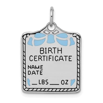 SS Rh-plt Blue Birth Certificate Polished Front/Satin Back Charm