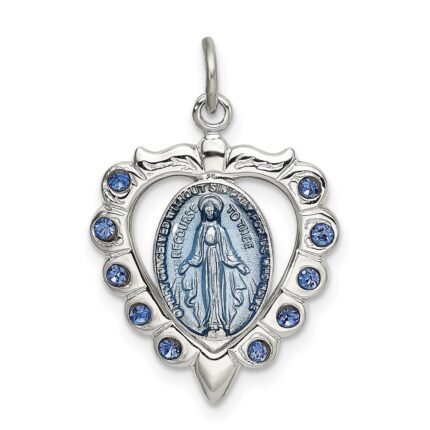 Sterling Silver Epoxy & Crystal Miraculous Medal Heart Pendant