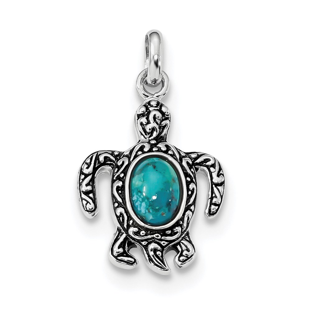 QC9279.jpg Sterling Silver Rhodium-plated Antiqued Reconstituted Turquoise Turtle Pendant - Image 1