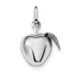 Sterling Silver Rhodium Plated Polished Puffed Apple w/ Leaf Charm