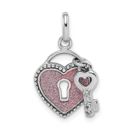 Sterling Silver Rhodium-plated CZ Glitter Infused Heart and Key Pendant