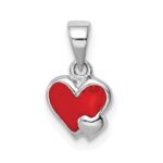 Sterling Silver Rhodium-plated Red Enameled Hearts Children's Pendant