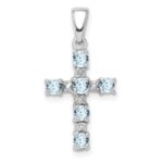 Sterling Silver Rhodium-plated Aquamarine & Diamond Accent Cross Pendant