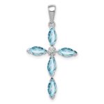 Sterling Silver Rhodium Lt Sw Blue Topaz Cross & Diamond Pendant