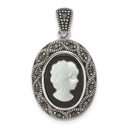 Sterling Silver Antiqued Marcasite with Black Agate and Mother of Pearl Cameo Pendant
