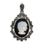 Sterling Silver Antiqued Marcasite with Black Agate and Mother of Pearl Cameo Pendant