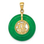 Sterling Silver Gold-tone Polished Good Luck Dangle Green Chalcedony Circle Pendant