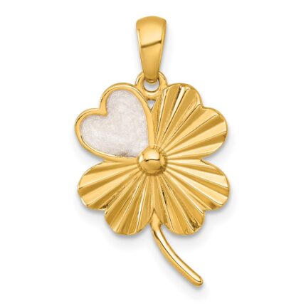 Sterling Silver Gold-tone Polished with White Enamel Lucky 4-Leaf Clover Pendant