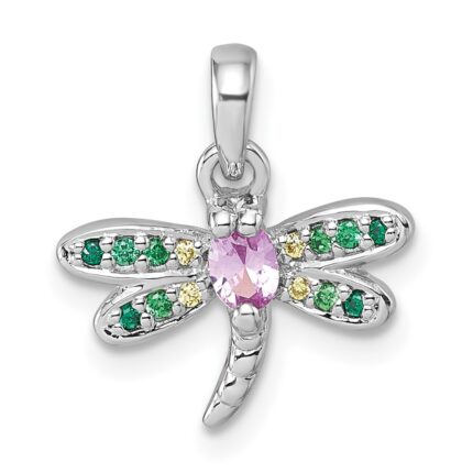 Sterling Silver Rhodium-plated Polished Green, Yellow and Pink CZ Dragonfly Pendant