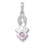 Sterling Silver Rhodium-plated Polished Round Pink and White CZ Awareness Ribbon Pendant - Image 3