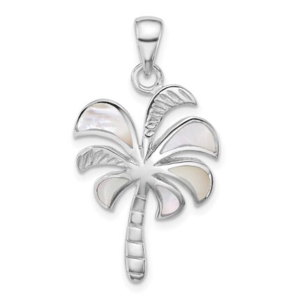 Sterling Silver Rhodium-plated Polished Mother of Pearl Palm Tree Pendant