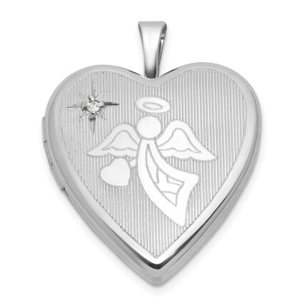 Sterling Silver Rhodium-plated Brushed And Polished 1/20 carat Diamond And Angel 20mm Heart Locket