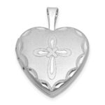 Sterling Silver Rhodium-plated Brushed Diamond-cut Fancy Engraved Cross 13mm Heart Locket