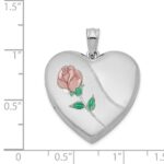 Sterling Silver Rhodium-plated 24mm Satin Enameled & D/C Rose Locket - Image 4
