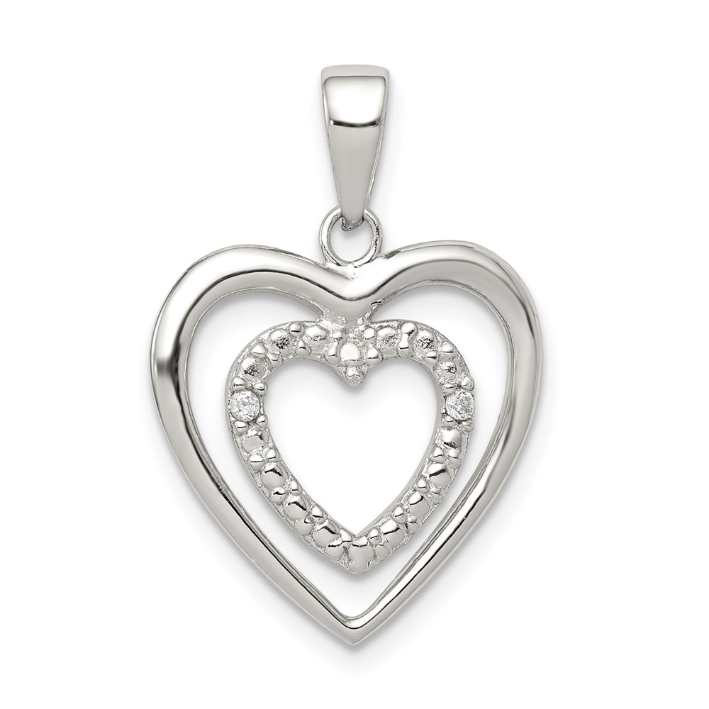 QP2053.jpg Sterling Silver Rhodium Plated Polished and CZ Double Heart Pendant - Image 1