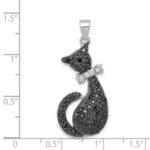 Sterling Silver Rhodium-plated Black & White CZ Cat with Bow Pendant - Image 3