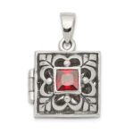 Sterling Silver Rhod-plated Polished/Antiqued Garnet Square 16mm Locket