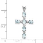 Sterling Silver Rhodium Plated Diamond & Aquamarine Cross Pendant - Image 4