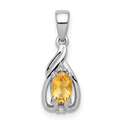 Sterling Silver Rhodium Plated Diamond & Citrine Oval Pendant