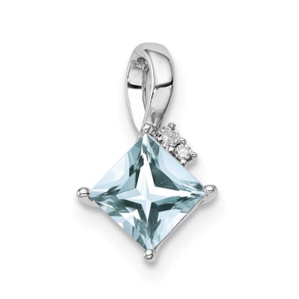 Sterling Silver Rhodium Plated Dia. & Aquamarine Square Pendant