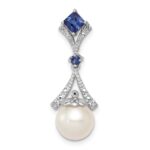 Sterling Silver Rhod Plated Dia. Created Sapphire FW Cultured Pearl Pendant