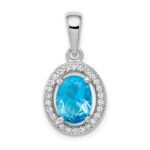 Sterling Silver Rhod-plated w/ Light Blue and White CZ Oval Pendant