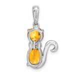 Sterling Silver Rhodium-plated Citrine and Diamond Cat Pendant - Image 4