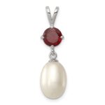 Sterling Silver Rhodium-plated 8-9mm White Teardrop Freshwater Cultured Pearl and 1.00GA Garnet Pendant