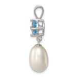 Sterling Silver Rhodium-plated 8-9mm White Teardrop Freshwater Cultured Pearl and 1.05BT Blue Topaz Pendant - Image 2