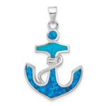 Sterling Silver Rhodium-plated Blue Created Opal Anchor Pendant