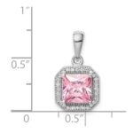 Sterling Silver Rhodium Plated Clear CZ and Square Pink CZ Pendant - Image 4