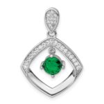 Sterling Silver RH-pltd Green Glass and Clear CZ Fancy Square Pendant